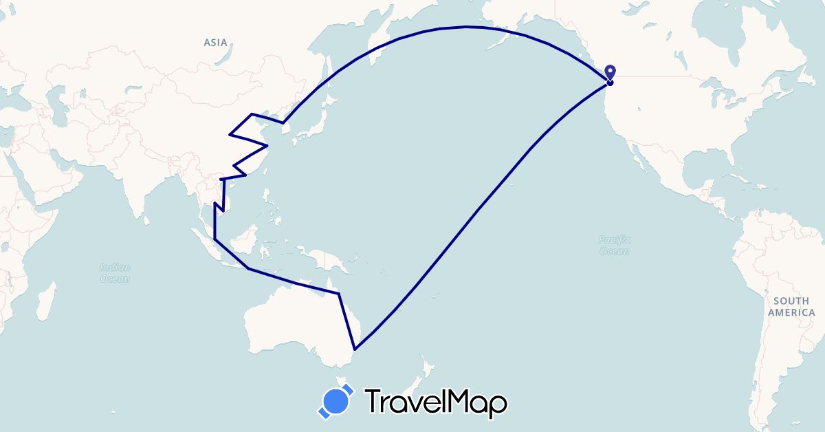 TravelMap itinerary: driving in Australia, China, Indonesia, Cambodia, South Korea, Singapore, United States, Vietnam (Asia, North America, Oceania)